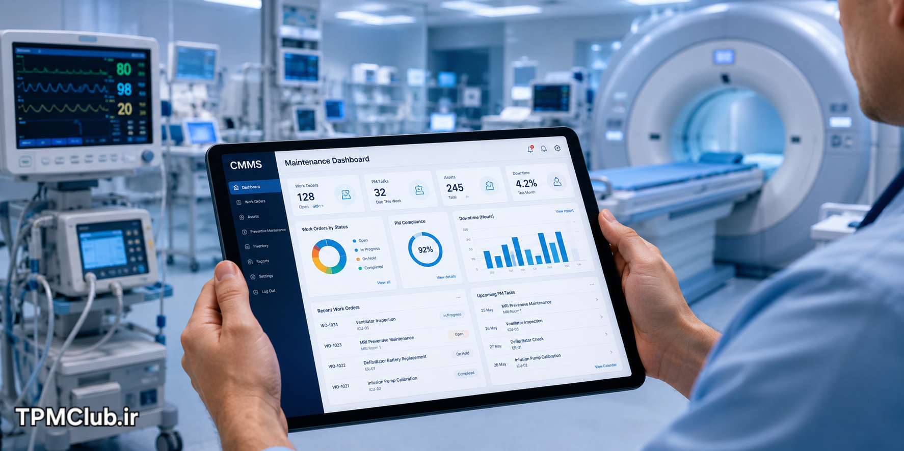 سیستم CMMS در بیمارستان با نمایش داشبورد مدیریت نگهداری تجهیزات پزشکی و تحلیل داده‌ها